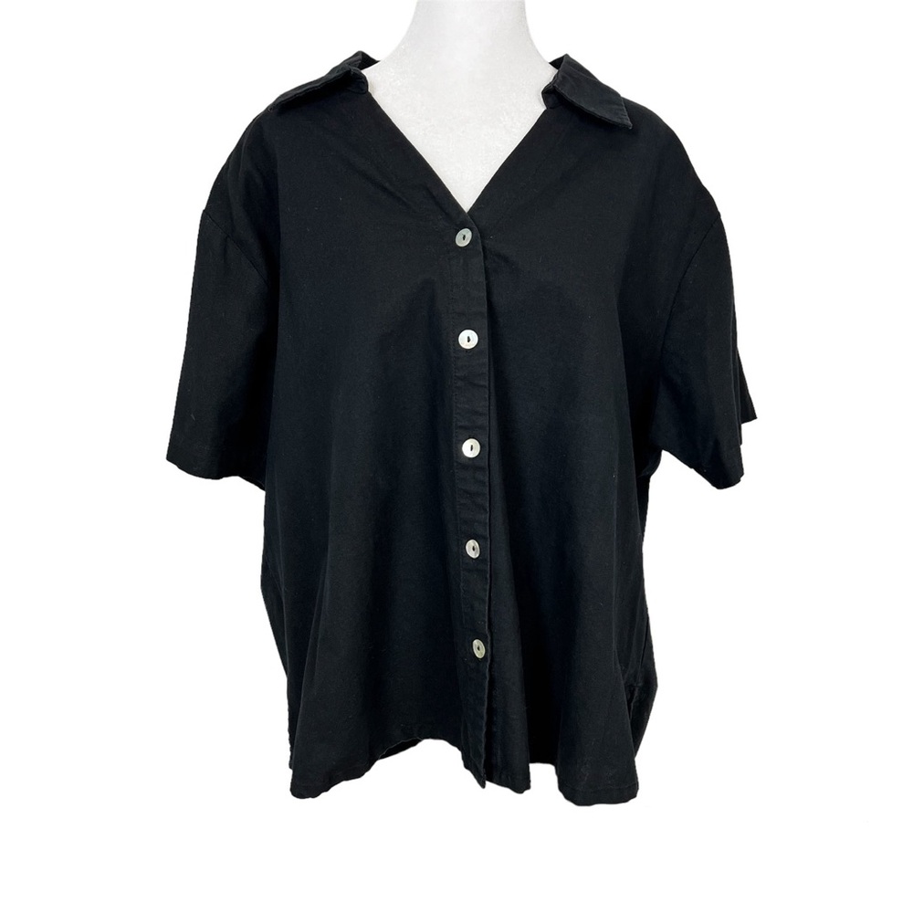 J.A Sport Linen Cotton Blend Black Short Sleeve Shell Button Down Cropped 1X